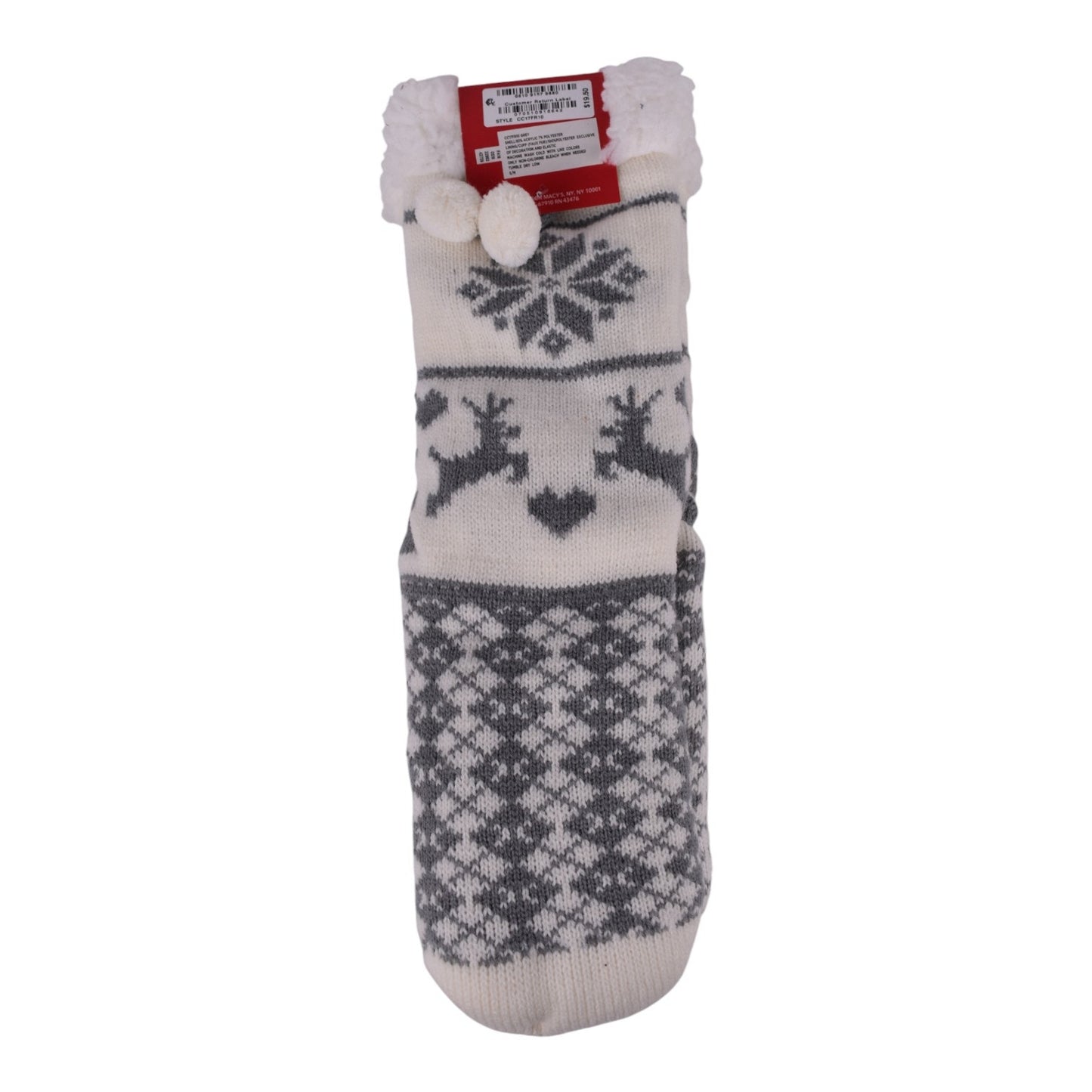 Charter Club Sherpa-Lined Reindeer Slipper Socks – Gray & White - Size S/M