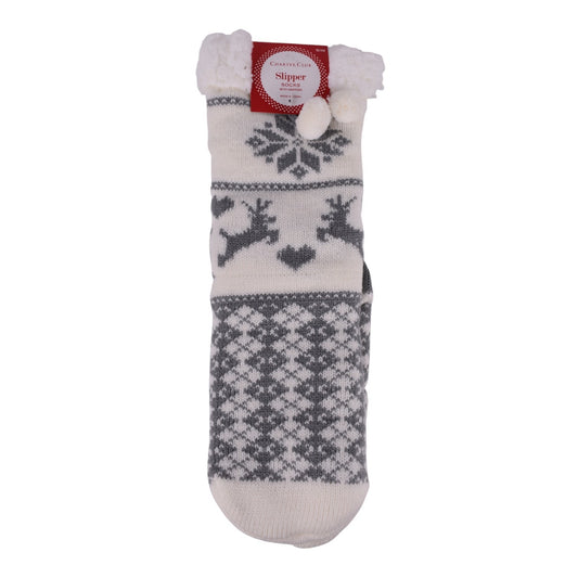 Charter Club Sherpa-Lined Reindeer Slipper Socks – Gray & White - Size S/M