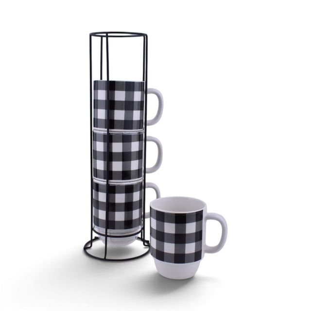 Buffalo Plaid Stacking Mug Set with Rack