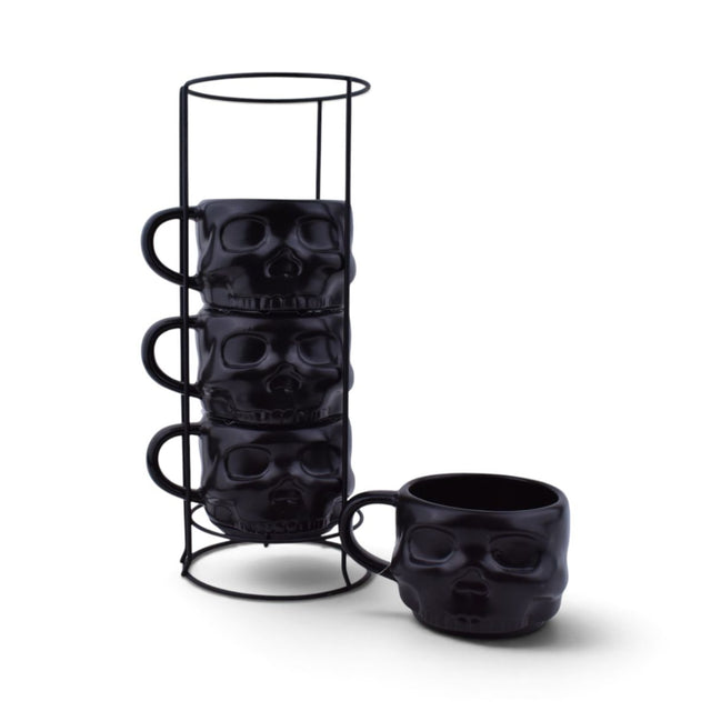 Black Skull Stacking Mugs with Metal Rack