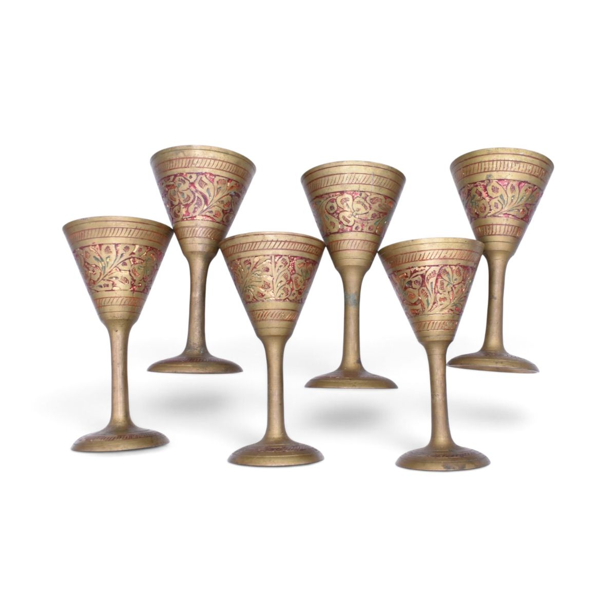 Vintage Miniature Brass Etched Floral Wine Goblets, Set of 6