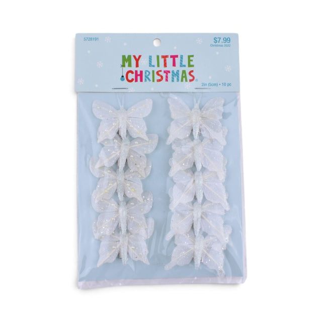 White Glitter Butterfly Clip Ornaments, 10 pc