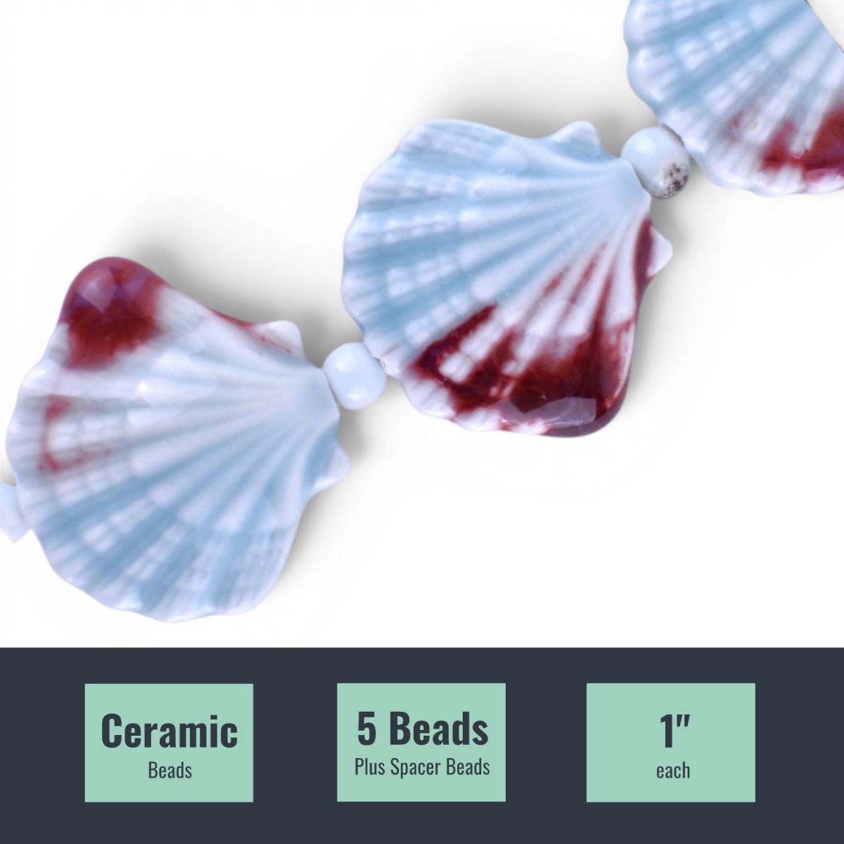 Ceramic Seashell Beads, 5 pc