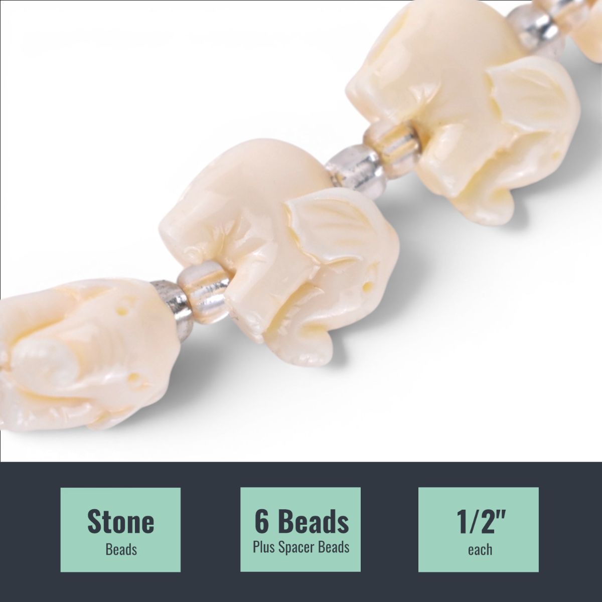 White Stone Powder Elephant Beads, 6 pcs