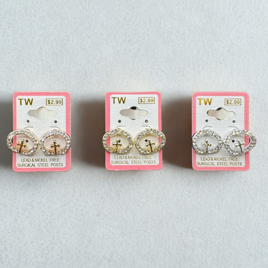 Crystal Oval Cross Stud Earrings – Rose Gold, Gold, or Silver