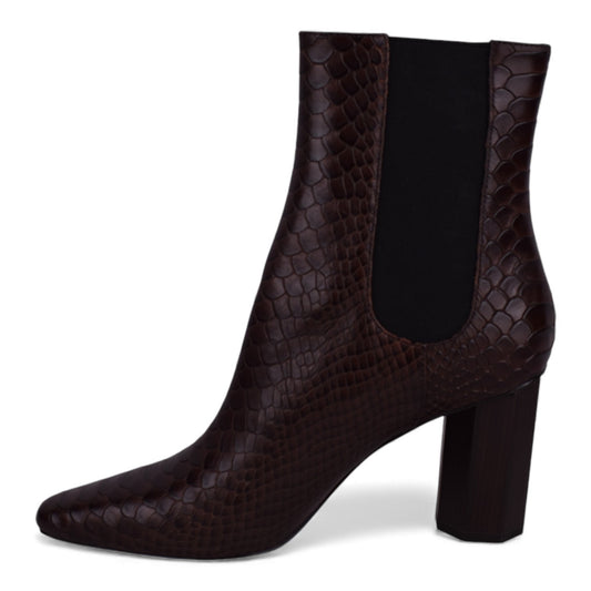 Donald J Pliner Dark Brown Snake-Embossed Block Heel Boots