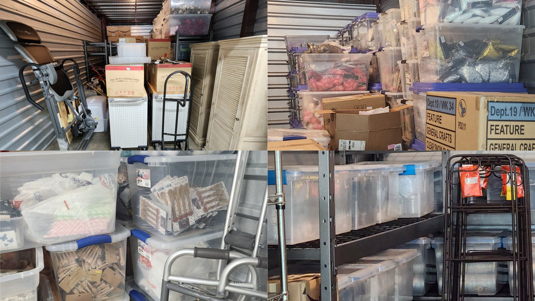 Storage units filled with inventory, craft supplies, and merchandise waiting to be sorted and processed for resale.