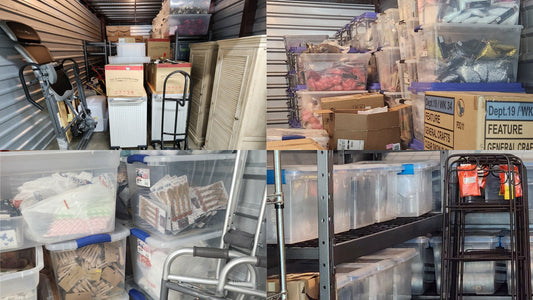 Storage units filled with inventory, craft supplies, and merchandise waiting to be sorted and processed for resale.