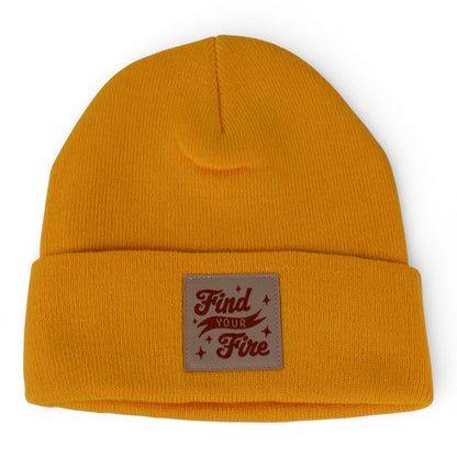 Find Your Fire” Yellow Beanie Hat – Knit Cuffed Winter Cap