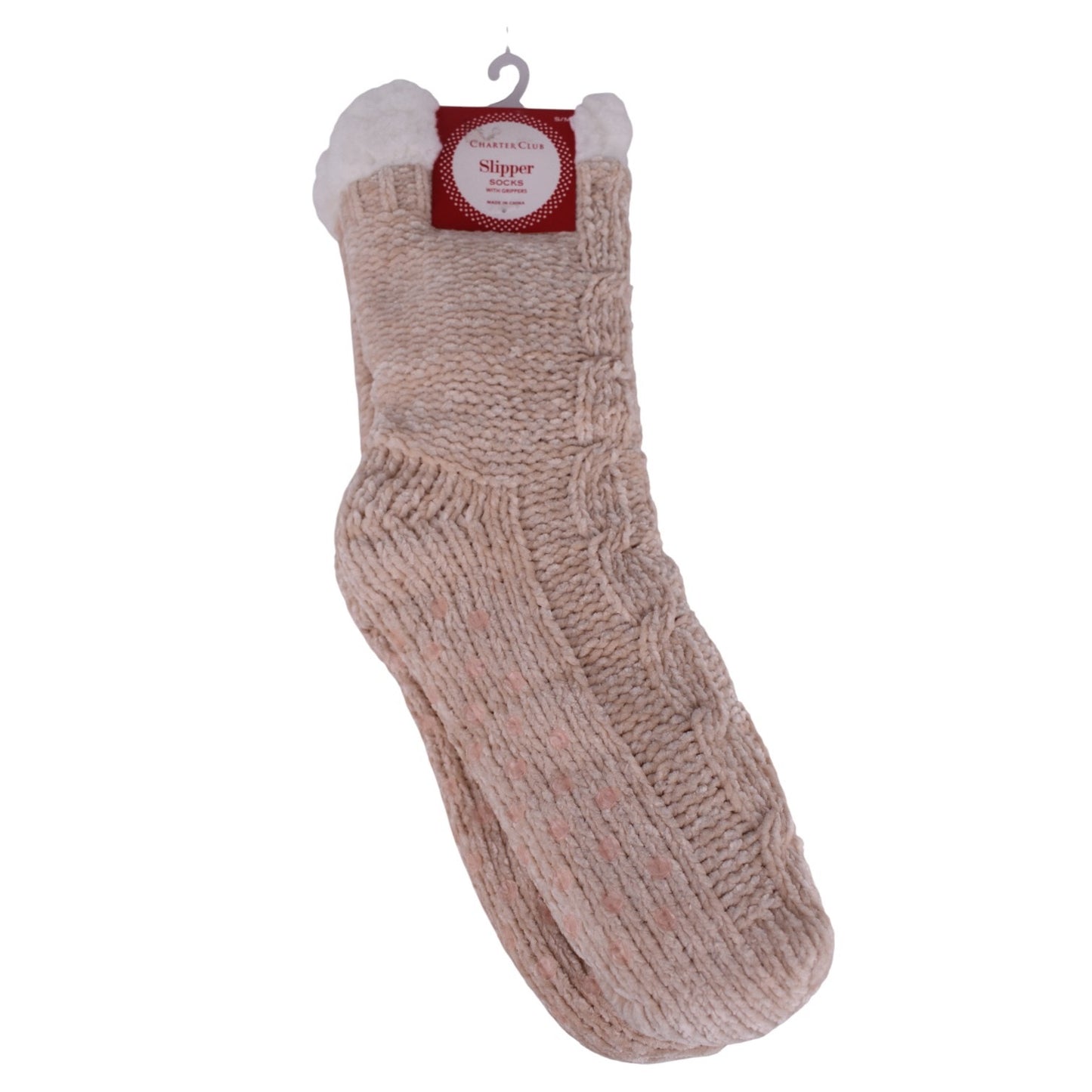 Charter Club Cable-Knit Slipper Socks – Beige (Sherpa Lined) - S/M