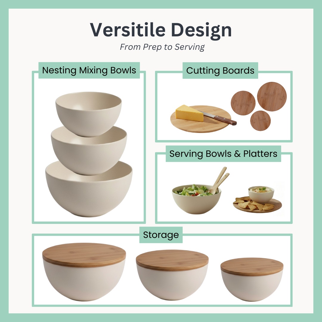 Bamboo Serving Bowl Set with Cutting Board Lids – (3 Bowls + Utensils)