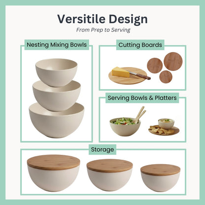 Bamboo Serving Bowl Set with Cutting Board Lids – (3 Bowls + Utensils)