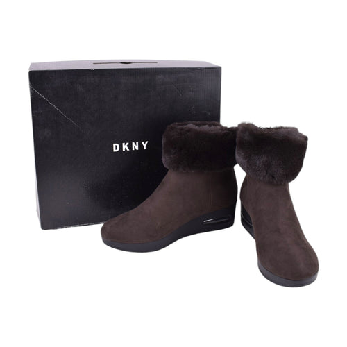 DKNY Abri Women's Wedge Ankle Boot – Dark Brown Faux Suede & Faux Fur – Size 7.5