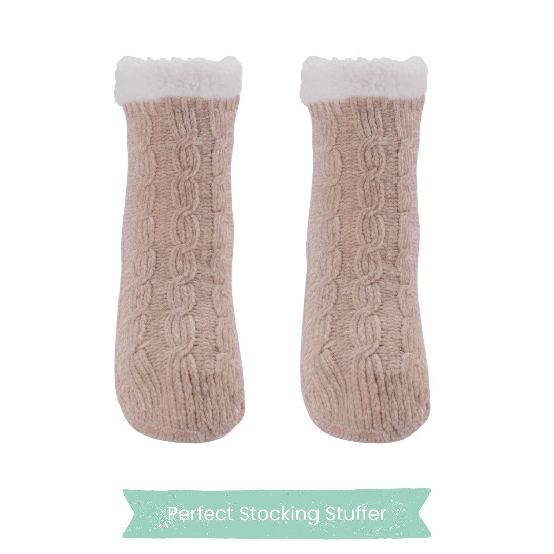Charter Club Cable-Knit Slipper Socks – Beige (Sherpa Lined) - S/M