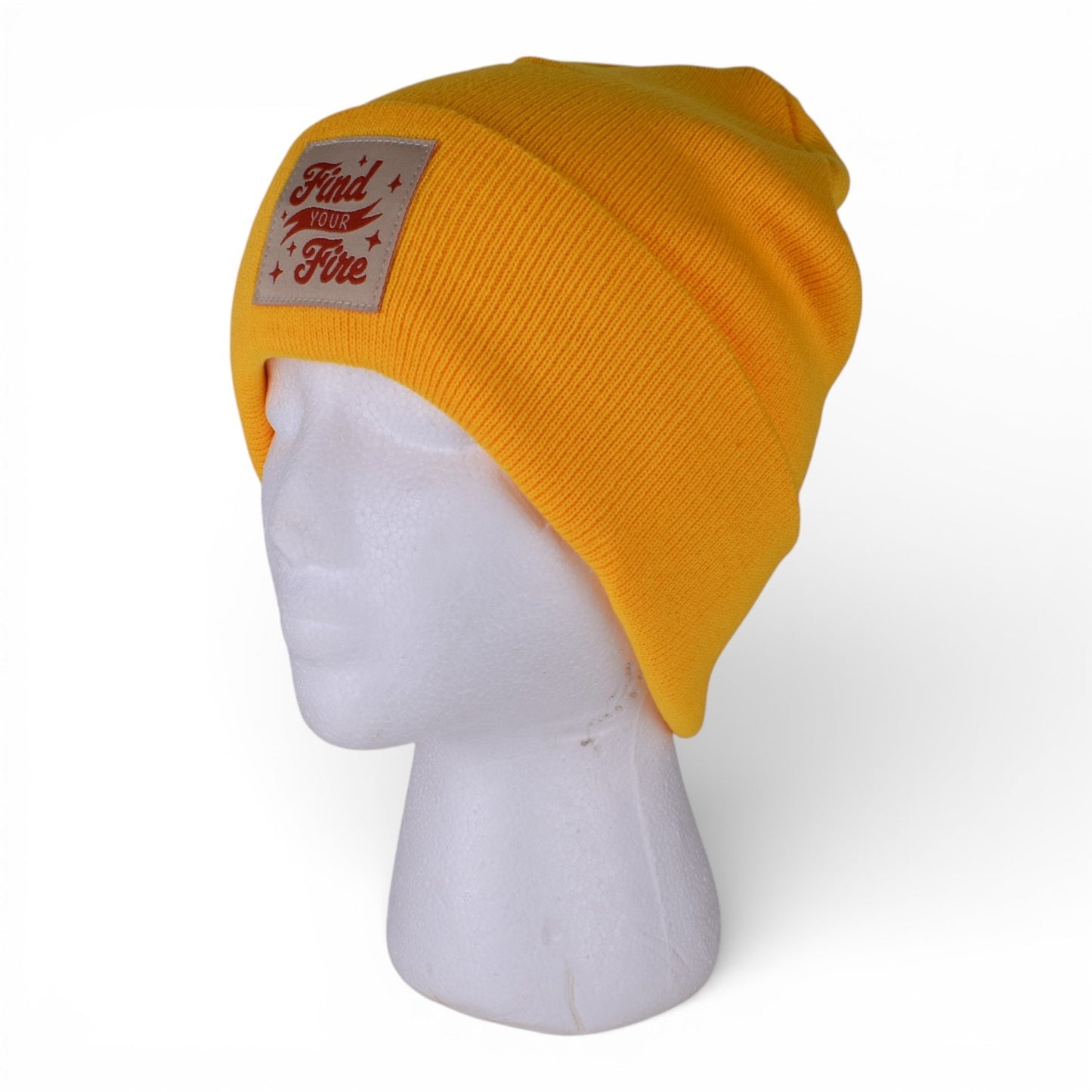 Find Your Fire” Yellow Beanie Hat – Knit Cuffed Winter Cap