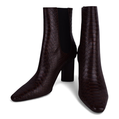 Donald J Pliner Dark Brown Snake-Embossed Block Heel Boots