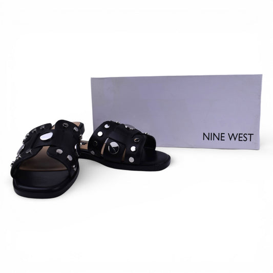 Nine West Gema Black Leather Studded Slide Sandals | Size 5
