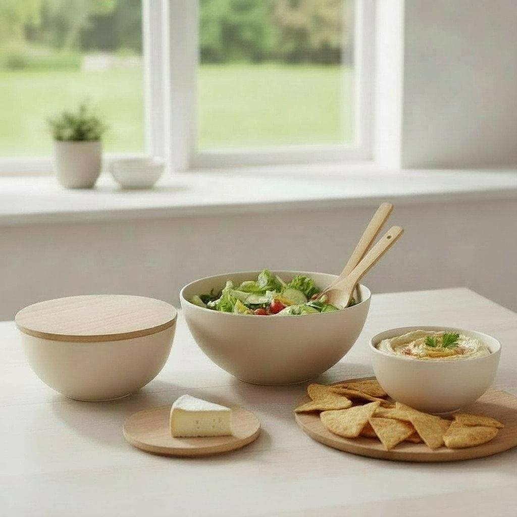 Bamboo Serving Bowl Set with Cutting Board Lids – (3 Bowls + Utensils)