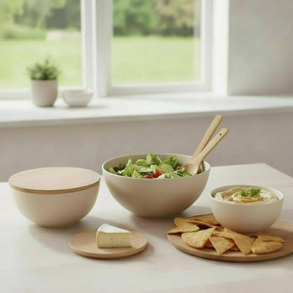Bamboo Serving Bowl Set with Cutting Board Lids – (3 Bowls + Utensils)