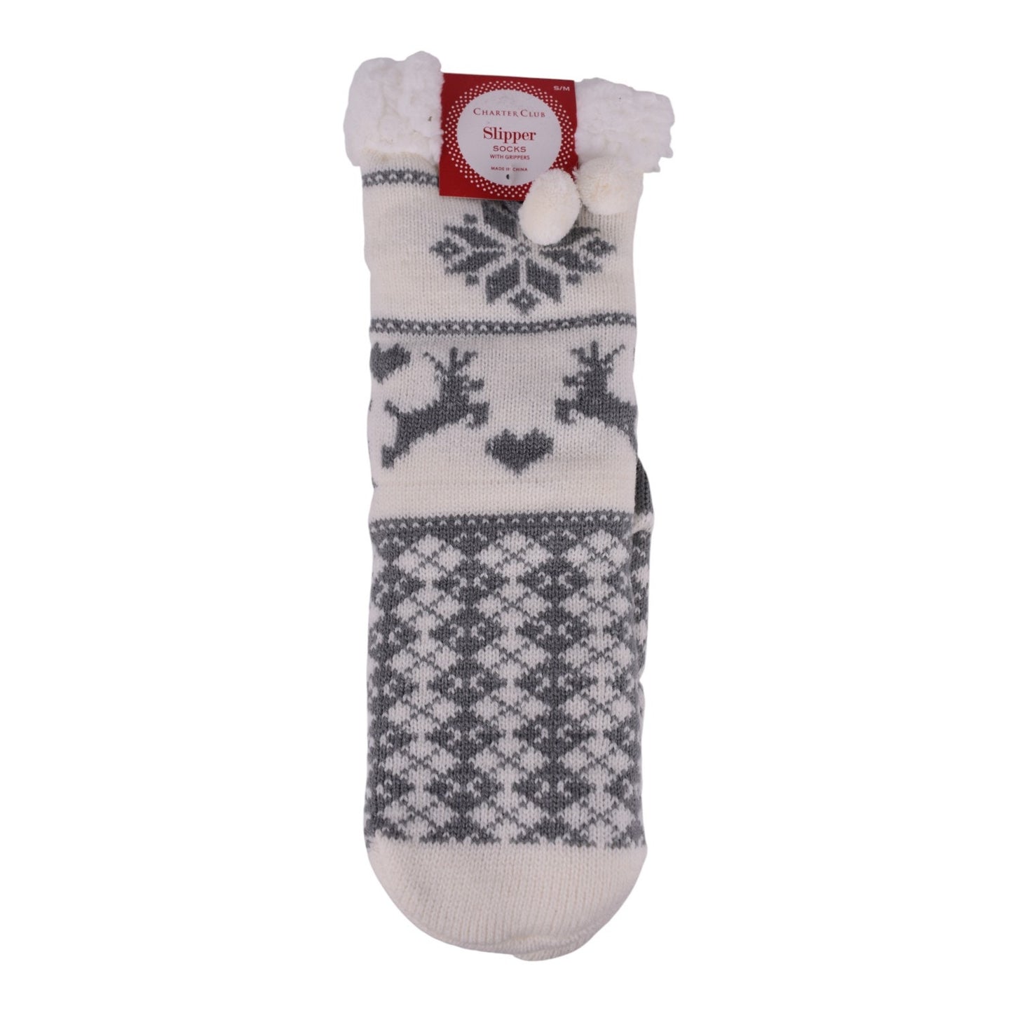 Charter Club Sherpa-Lined Reindeer Slipper Socks – Gray & White - Size S/M
