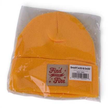 Find Your Fire” Yellow Beanie Hat – Knit Cuffed Winter Cap