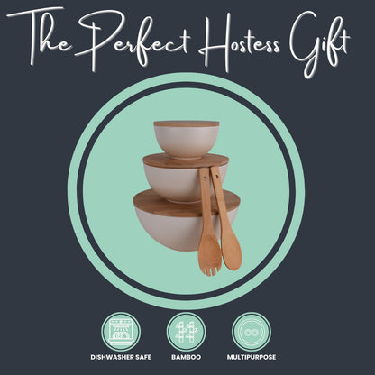 Bamboo Serving Bowl Set with Cutting Board Lids – (3 Bowls + Utensils)