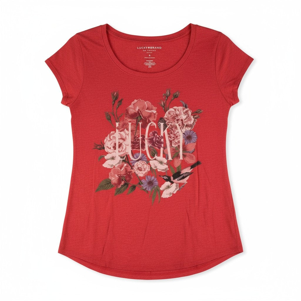 Lucky Brand Red Floral “Lucky” Graphic Tee