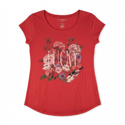 Lucky Brand Red Floral “Lucky” Graphic Tee