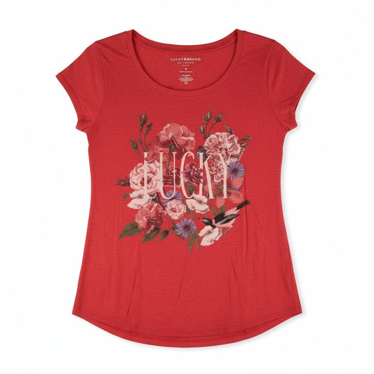 Lucky Brand Red Floral “Lucky” Graphic Tee