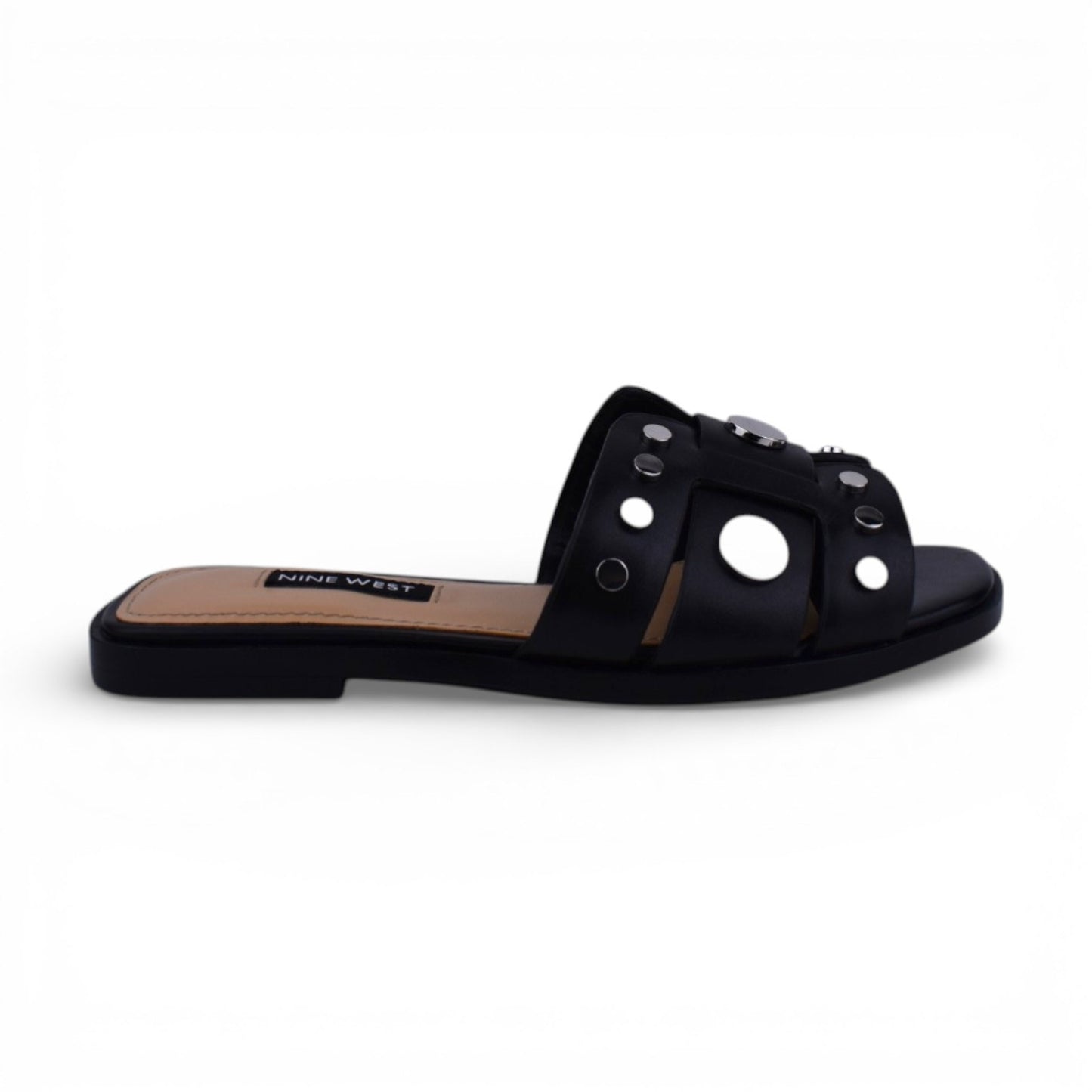 Nine West Gema Black Leather Studded Slide Sandals | Size 5