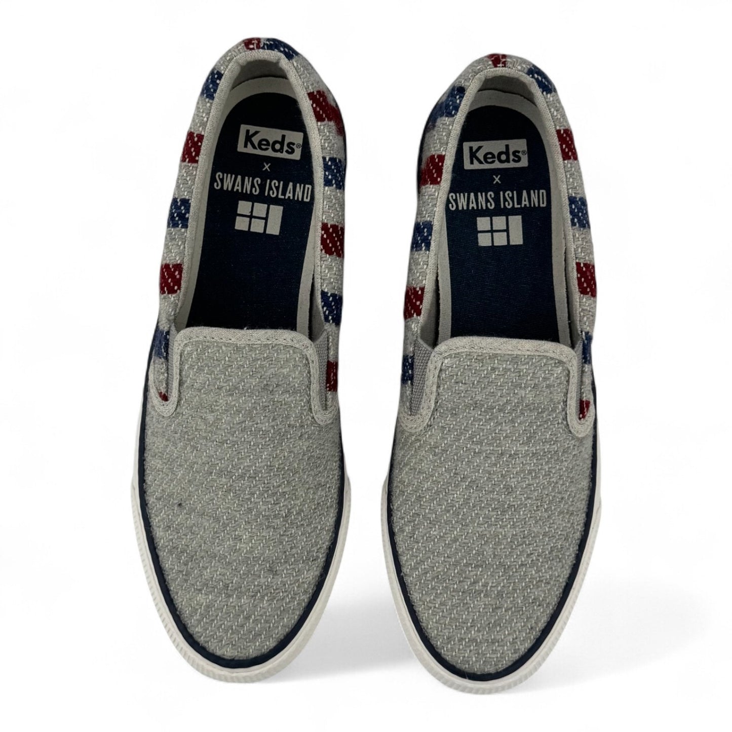 Keds x Swans Island Anchor Slip-On Sneakers – Gray with Red & Blue Stripes