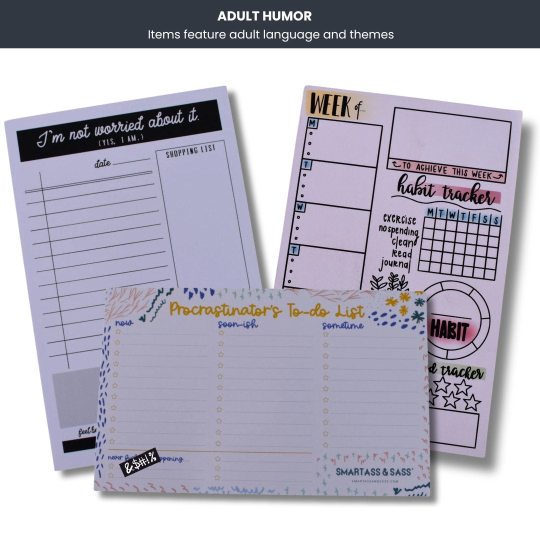Notepad Trio – Procrastinator, Weekly Habit Tracker & “Not Worried” Bundle