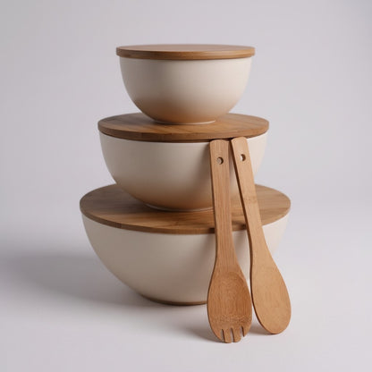 Bamboo Serving Bowl Set with Cutting Board Lids – (3 Bowls + Utensils)