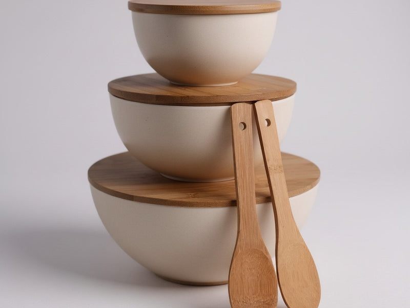 Bamboo Serving Bowl Set with Cutting Board Lids – (3 Bowls + Utensils)