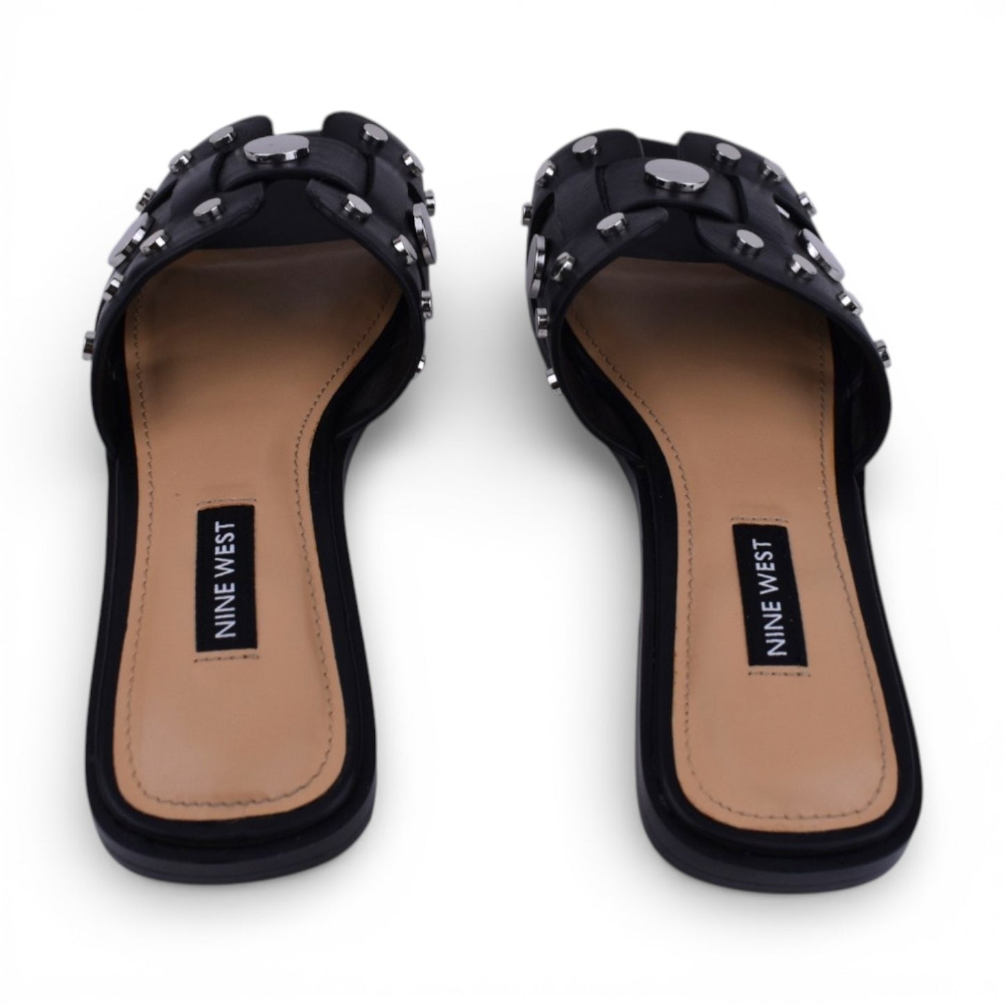 Nine West Gema Black Leather Studded Slide Sandals | Size 5