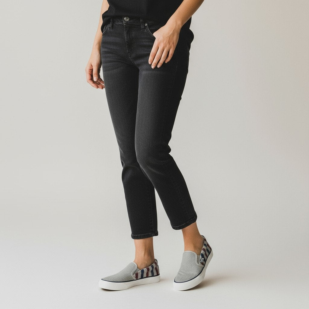 Keds x Swans Island Anchor Slip-On Sneakers – Gray with Red & Blue Stripes