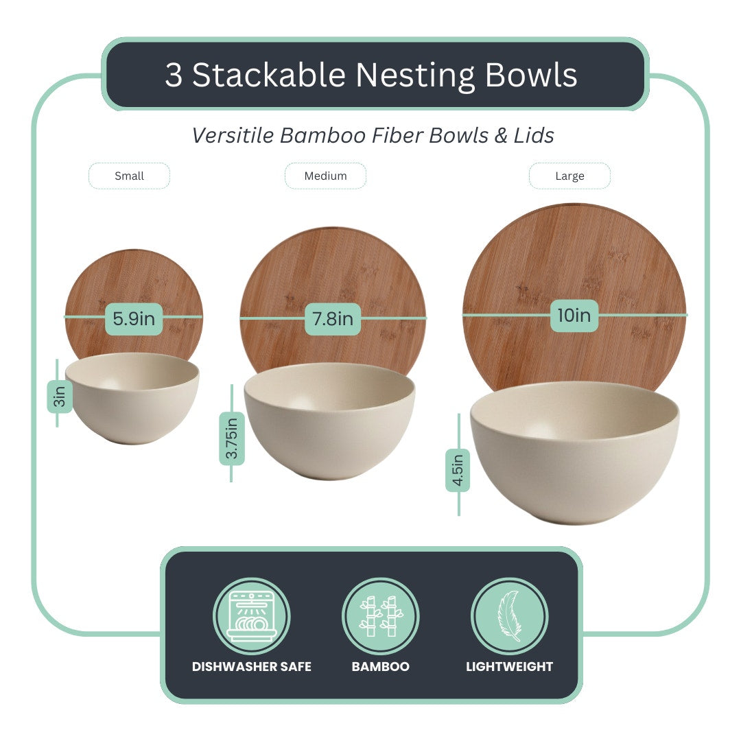 Bamboo Serving Bowl Set with Cutting Board Lids – (3 Bowls + Utensils)