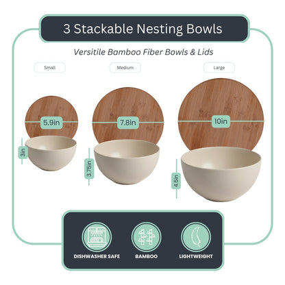 Bamboo Serving Bowl Set with Cutting Board Lids – (3 Bowls + Utensils)