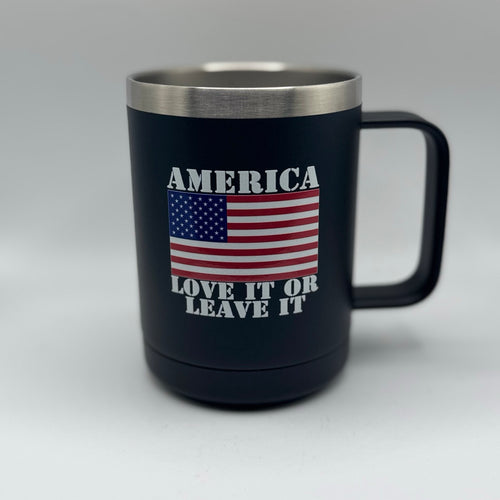 American: Love It or Leave It – 15 oz Black Polar Camel Coffee Mug