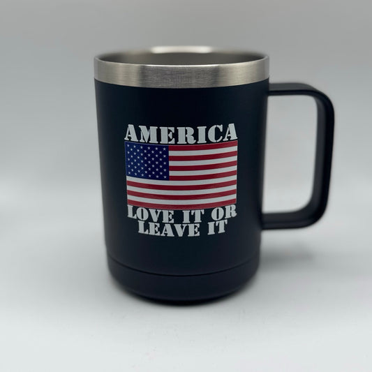 American: Love It or Leave It – 15 oz Black Polar Camel Coffee Mug
