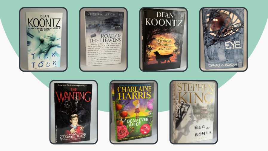 Collection of used books with authors' names displayed on a green and white background.