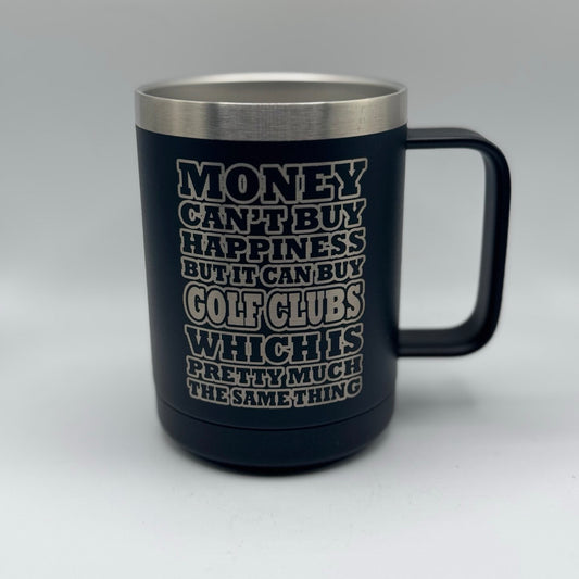 Black mug with silver interior and handle, featuring a humorous text design.
