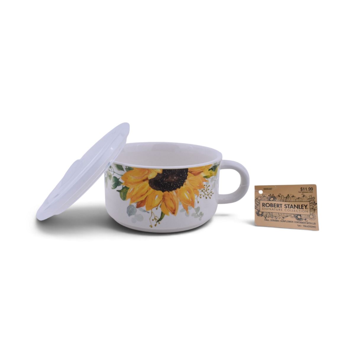 Sunflower Ceramic Soup Mug with Lid, 18oz