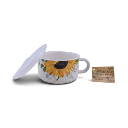 Sunflower Ceramic Soup Mug with Lid, 18oz