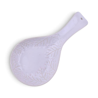 Ceramic Spoon Rest, White Leaf Design