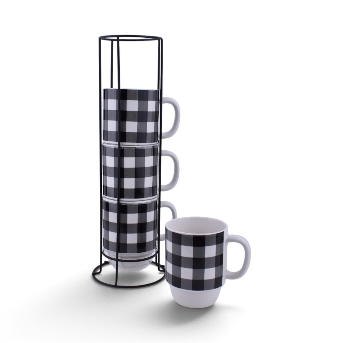 Buffalo Plaid Stacking Mug Set with Rack