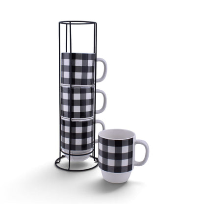 Buffalo Plaid Stacking Mug Set with Rack