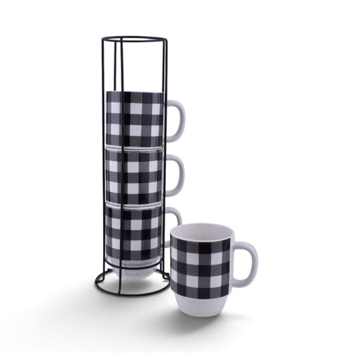 Buffalo Plaid Stacking Mug Set with Rack