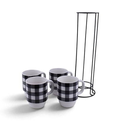 Buffalo Plaid Stacking Mug Set with Rack