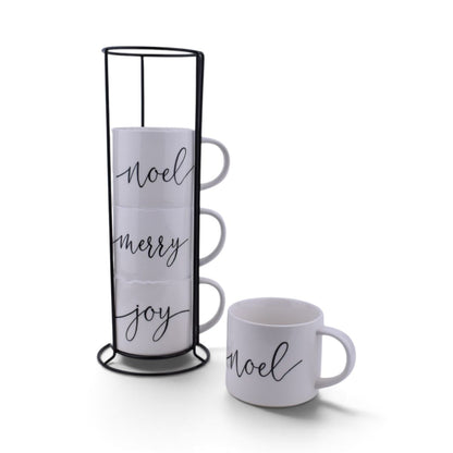 Christmas Stackable Mug Set with Metal Rack